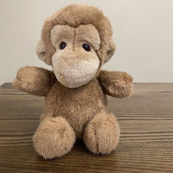 Vintage 1980s GUND Monkey Plush‎ 7" Brown Smiling Chimp Chimpanzee Red Bow - Picture 1 of 6